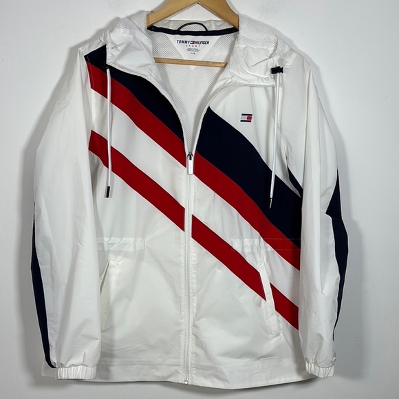 Tommy Hilfiger Utility Jacket White Red Hooded Large Windbreaker Nautical Preppy - Picture 3 of 8